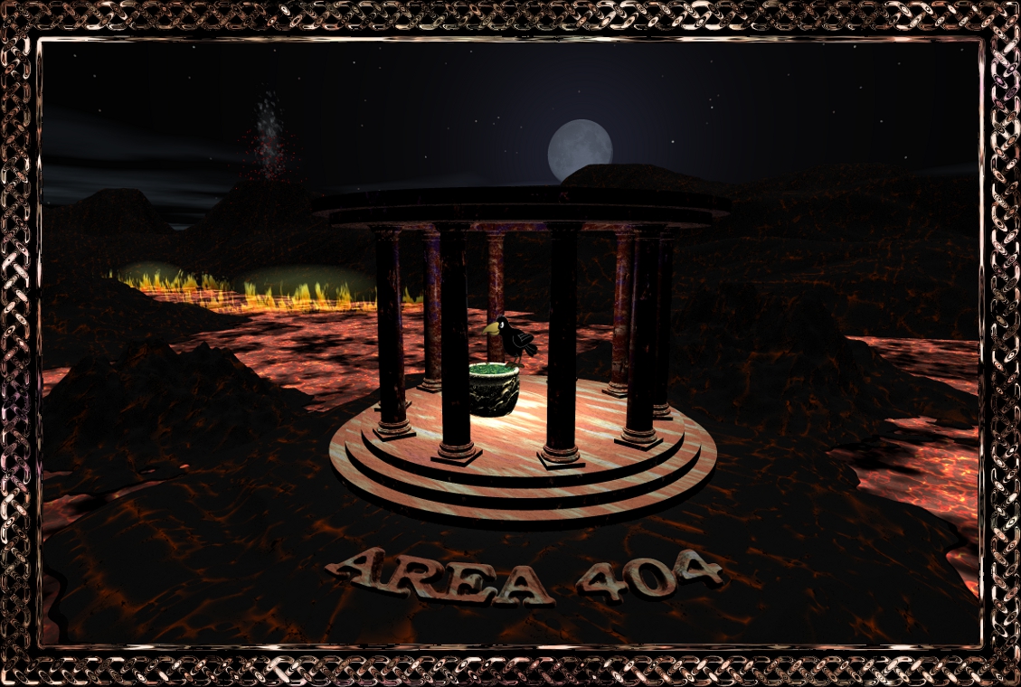 3D Art Image: A Raven sitting on a cooking pot in a temple within a volcanic area at nighttime